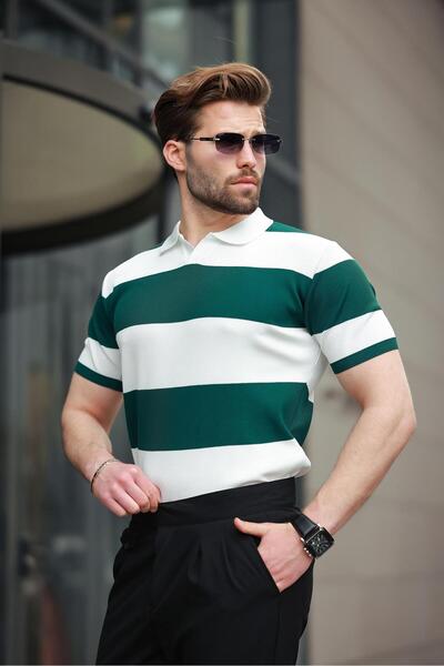 Madmext Ανδρικό πλεκτό μπλουζάκι Nefti Green Polo Neck ριγέ E7411