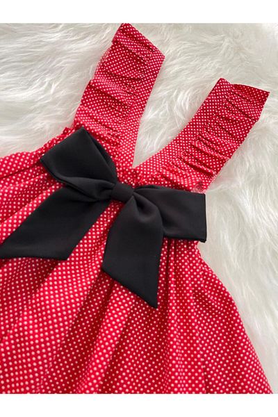 Eylülce Butik Girl's Red Polka Dots Bow Ruffle Strap Salopet Dress (100% Cotton Fabric)