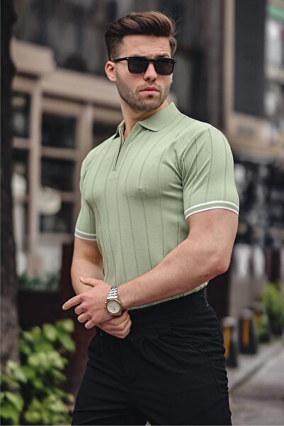 Madmext Pánské zelené tričko s pololímečkem na zip - 6876