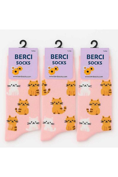 BS Parıltı Pink Cat Patterned Socket Cotton Socks Set (3 Pieces)