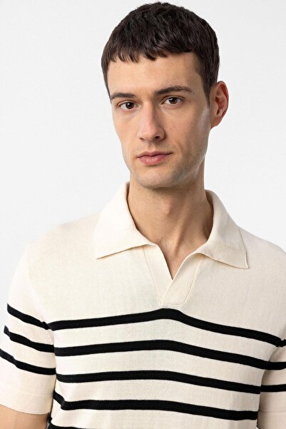 Antioch Ecru-Black Polo Neck Striped Men's Knitwear T-Shirt