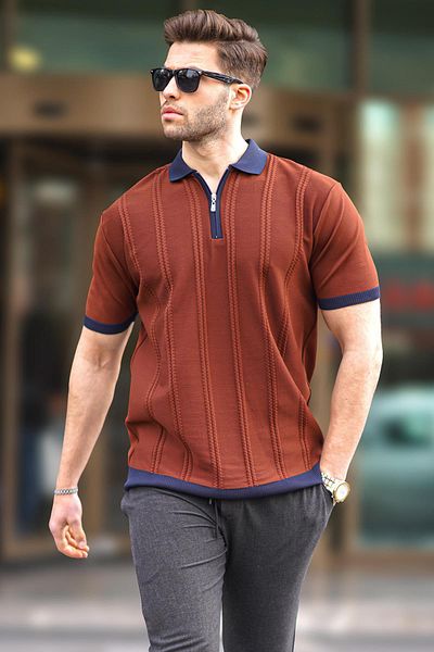 Madmext Herren-T-Shirt mit Kachelreißverschluss und detailliertem Polokragen 6874