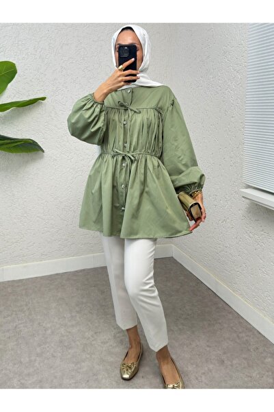 Modamorfo Buttoned Shirt Tunic with Lace-Up Front Detail - Mint