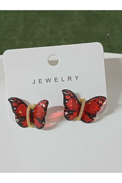 mos&more Çelik Kırmızı Kelebek Hafif Şık Kadın Küpe