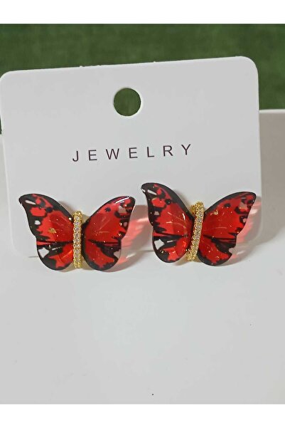 mos&more Çelik Kırmızı Kelebek Hafif Şık Kadın Küpe