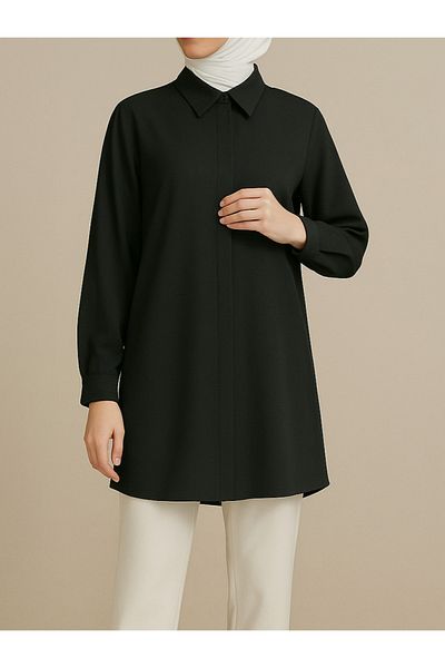 Modamorfo Classic Collared Shirt Tunic with Hidden Buttons - Black