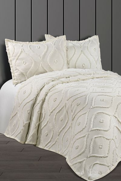 CANDAN ÇEYİZ Pompom Delux Eyelet Ecru Double Pique Set Coverlet Bedspread