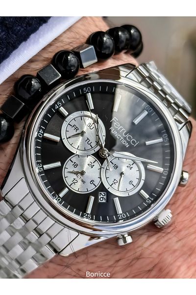 Ferrucci Silver-Black,Functions Active, Steel Cord, in Gift Box,Men's Wristwatch Bracelet