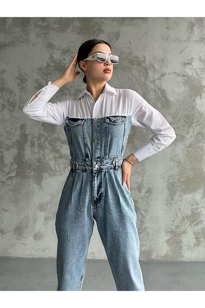 Linarose Cămașă Jean Salopetă Costum denim