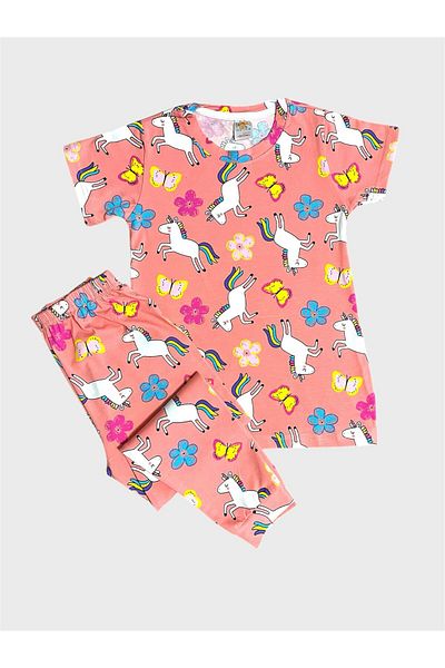 tusem butik homewear Girl's 100% Cotton Crochet Unicorn Butterfly Patterned Short Sleeve Bottom Long Summer Pajama Set