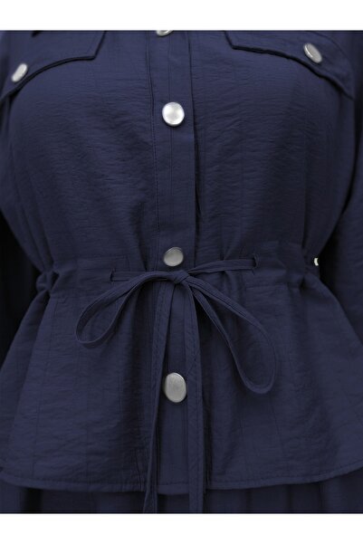 Modamorfo Metal Buttoned Tie Waist Shirt Gilet Dress - Navy