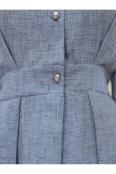 Modamorfo Half Buttoned Linen Dress with Elastic Waist - Ice Blue