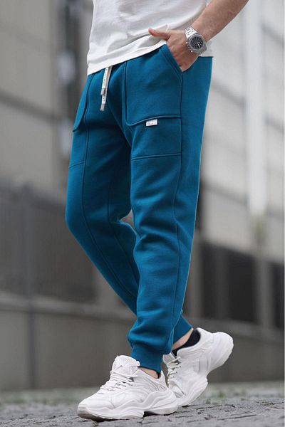 Madmext Petrol Blue Cargo Pocket Basic Sweatpants 6527