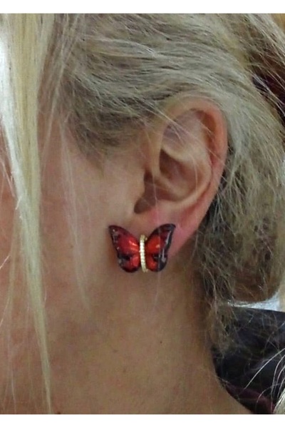 mos&more Çelik Kırmızı Kelebek Hafif Şık Kadın Küpe