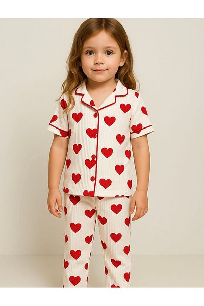 KUMRUNUN DÜNYASI Heart Printed Short Sleeve Buttoned Pajama Set Girl