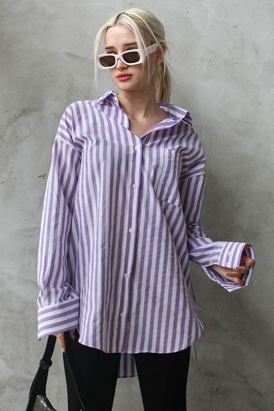 Madmext Lila gestreiftes Oversize Damen Shirt Mg1688