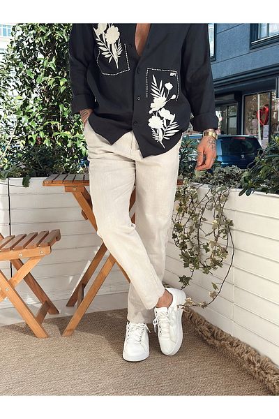 manch collection Italian Cut Linen Trousers Stone