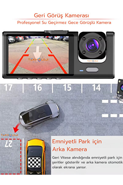 Teknoloji Gelsin 1080P Dash Cam Full Hd Araç içi Kamera Ön Arka ve İç Kayıt 3 Kamera Gece Görüşlü G Sensör Geniş Açı