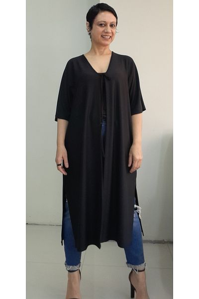 Mertcan Butik Black V-Neck Front Lacing Bat Low Sleeve Combed Viscose Vest Coat