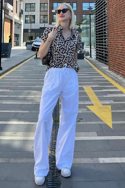 Madmext Ekru Leopar Desenli Kısa Kollu Kadın Gömlek MG2098