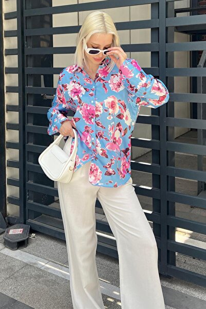 Madmext Mavi Çiçek Desenli Saten Gömlek Mg1787