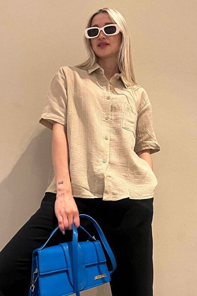 Madmext Bej Muslin Kumaş Basic Kadın Gömlek Mg1784