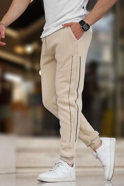 Madmext Beige Herren-Jogginghose – elastisches Bein, seitliche Streifen, bedruckt 6551