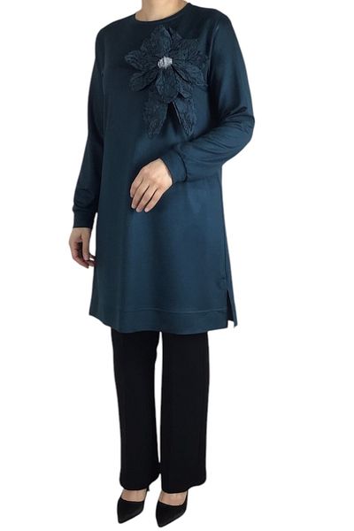 ECE GİYİM Women's Flower Detail Six Bands Crystal Combed Tunic