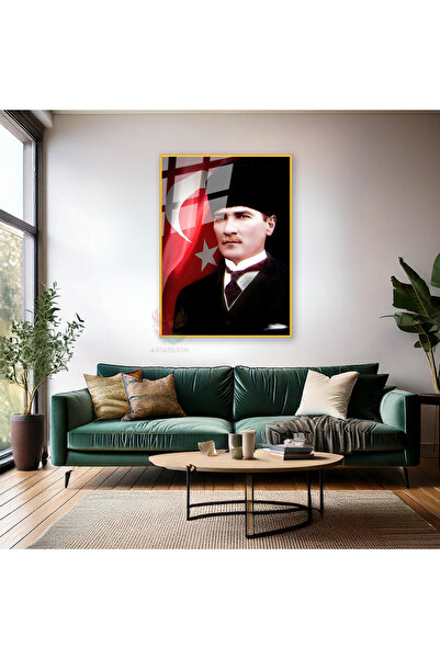 Artarilion Atatürk ve Bayrak Metal Çerçeveli Cam Tablo Dikey Duvar Tablosu Of...