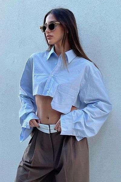 Madmext Blue Pocket Detailed Crop Shirt Mg1644