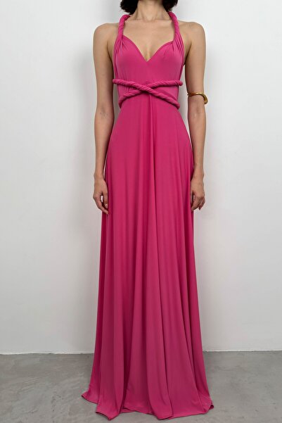 Black Fashion Bağlamalı Fuşya Maxi Elbise