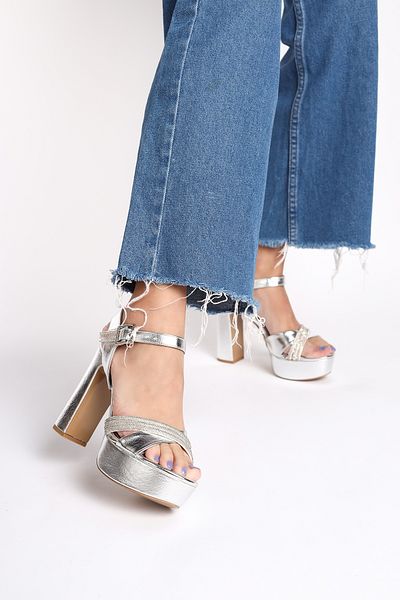Limeo Shiny Cross Stone Stripe Buckle Thick High Heeled Women's Evening Dress Shoes