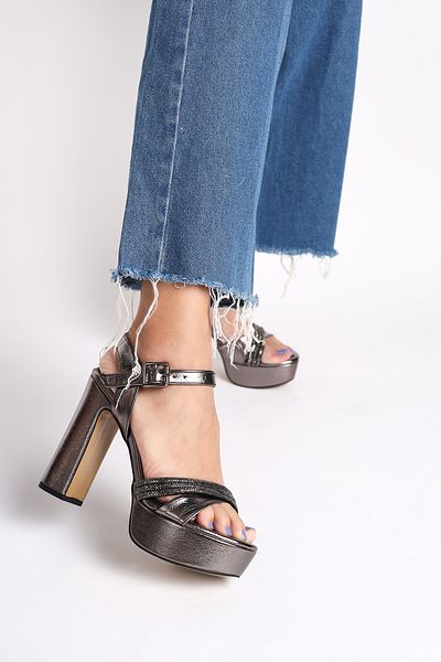 Limeo Shiny Cross Stone Stripe Buckle Thick High Heeled Women's Evening Dress Shoes