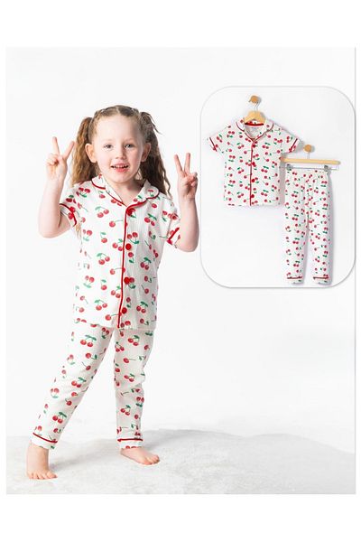 KUMRUNUN DÜNYASI Cherry Printed Short Sleeve Buttoned Pajama Set Girl