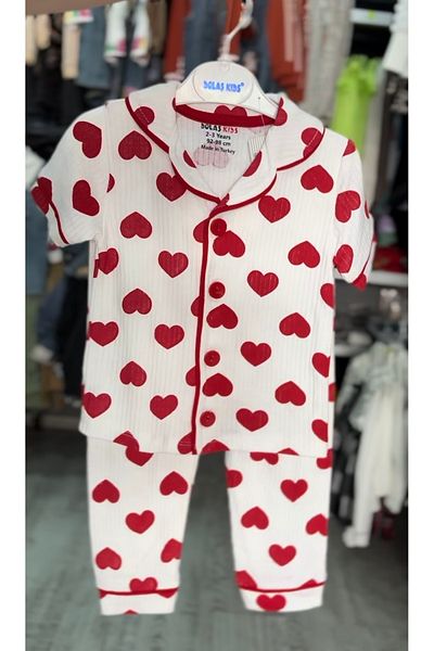 KUMRUNUN DÜNYASI Heart Printed Short Sleeve Buttoned Pajama Set Girl