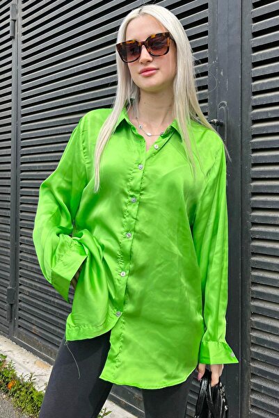 Madmext Fıstık Yeşili Basic Kadın Saten Gömlek Mg1326