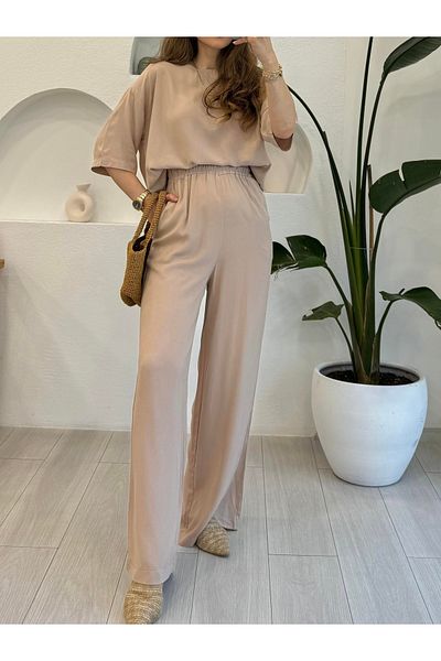 Suzi Short Sleeve Bluz Beli Lasticated Pant Suit 1431