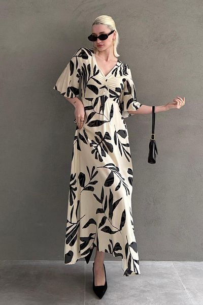 Madmext Ecru Patterned Half Sleeve Dress Mg2395