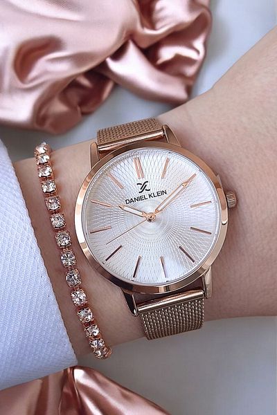Daniel Klein Rose Gold Mesh Steel Bracelet Women's Wristwatch with Replacement White Leather Strap, with Rhinestone Bracelet Gift