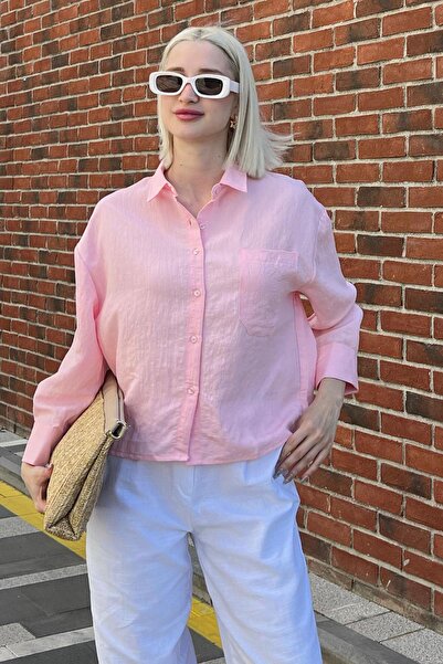 Madmext Pembe Çizgili Oversize Kadın Gömlek MG2093