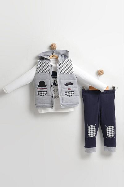 Mini Baray Boy's Mustache Inflatable Vest 3-Piece Cotton Suit (2-3-4 Years) - Colorful Option