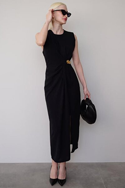 Madmext Siyah Bronşlu Midi Boy Kadın Elbise Mg2418