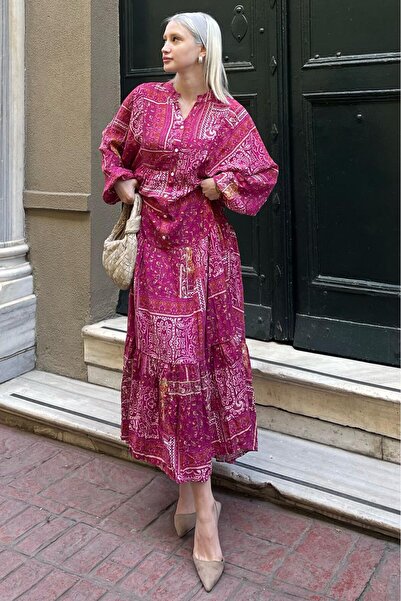 Madmext Mor Bilekleri Lastikli Yarım Düğmeli Hakim Yaka Çiçekli Elbise MG2028