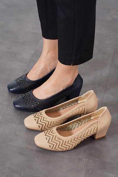 Moda Pie Navy Blue Satin Ronter Stripe Laser Women's Heeled Shoes