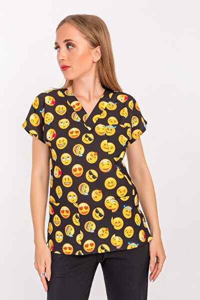 Nur Medikal Giyim للجنسين أسود الرموز التعبيرية منقوشة ليكرا طبيب ممرضة مستشف...