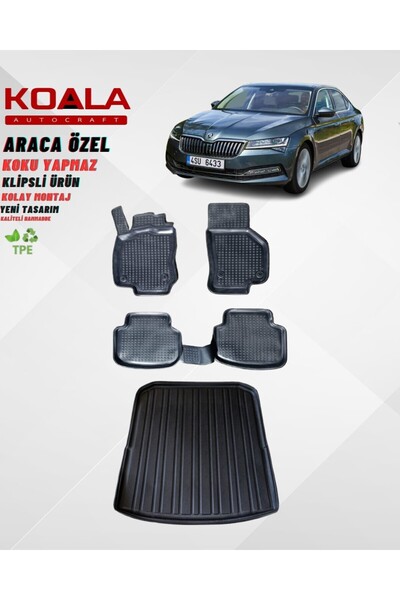 KoalaOtoTekstil Skoda Super B 2015-2023 Araca Özel Havuzlu Paspas ve Bagaj Ha...