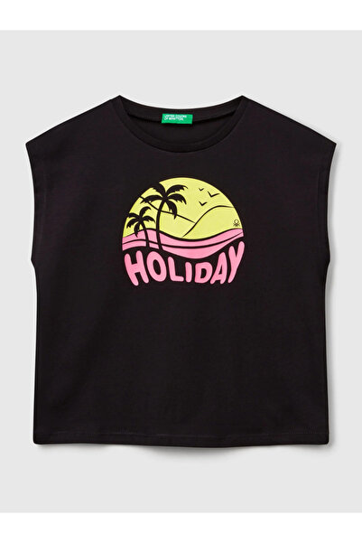 Benetton Дівчача футболка з принтом 6-14 років, чорна