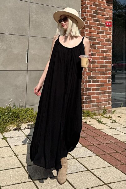 Madmext Siyah Halter Yaka Askılı Uzun Basic Kadın Elbise MG2163