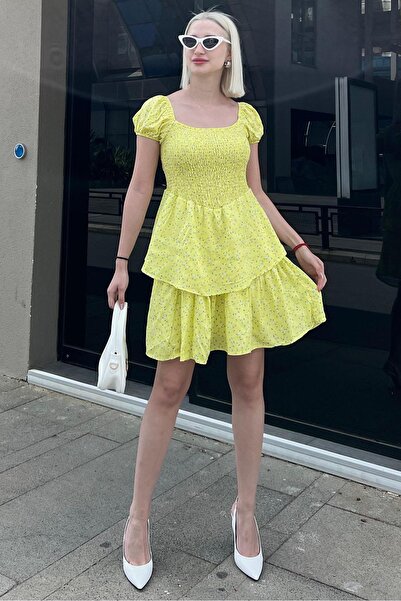 Madmext Sarı Katlı Etekli Beli Büzgülü Elbise MG2103