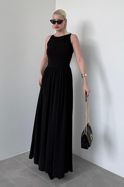 Madmext Black Front Draped Long Length Women's Dress Mg2364